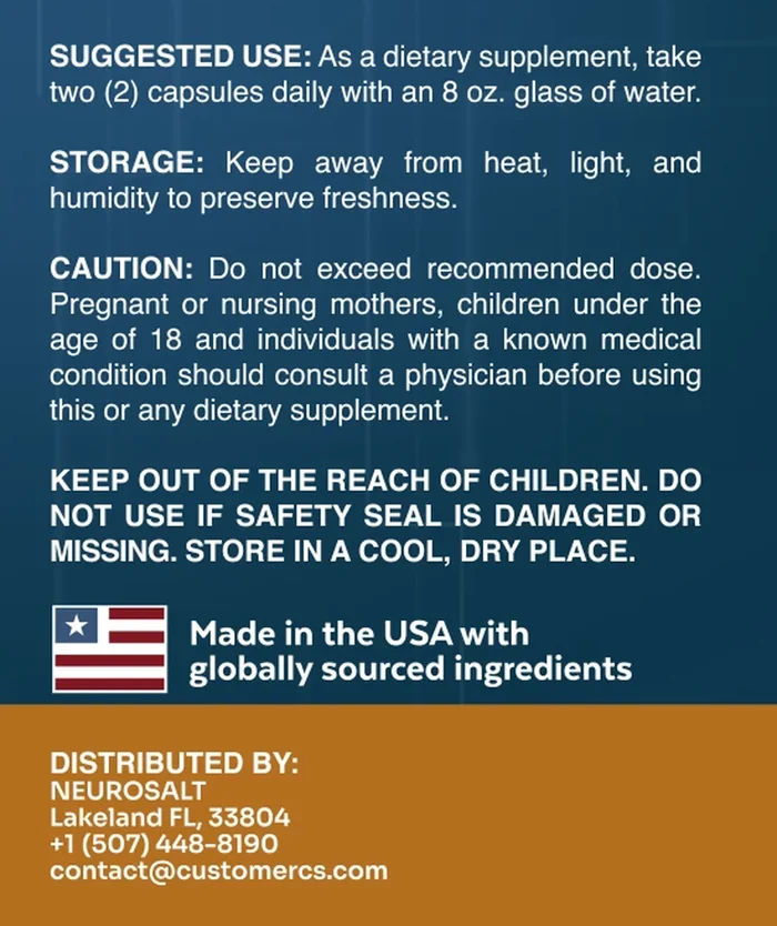 Neuro Salt label directions, storage and caution text